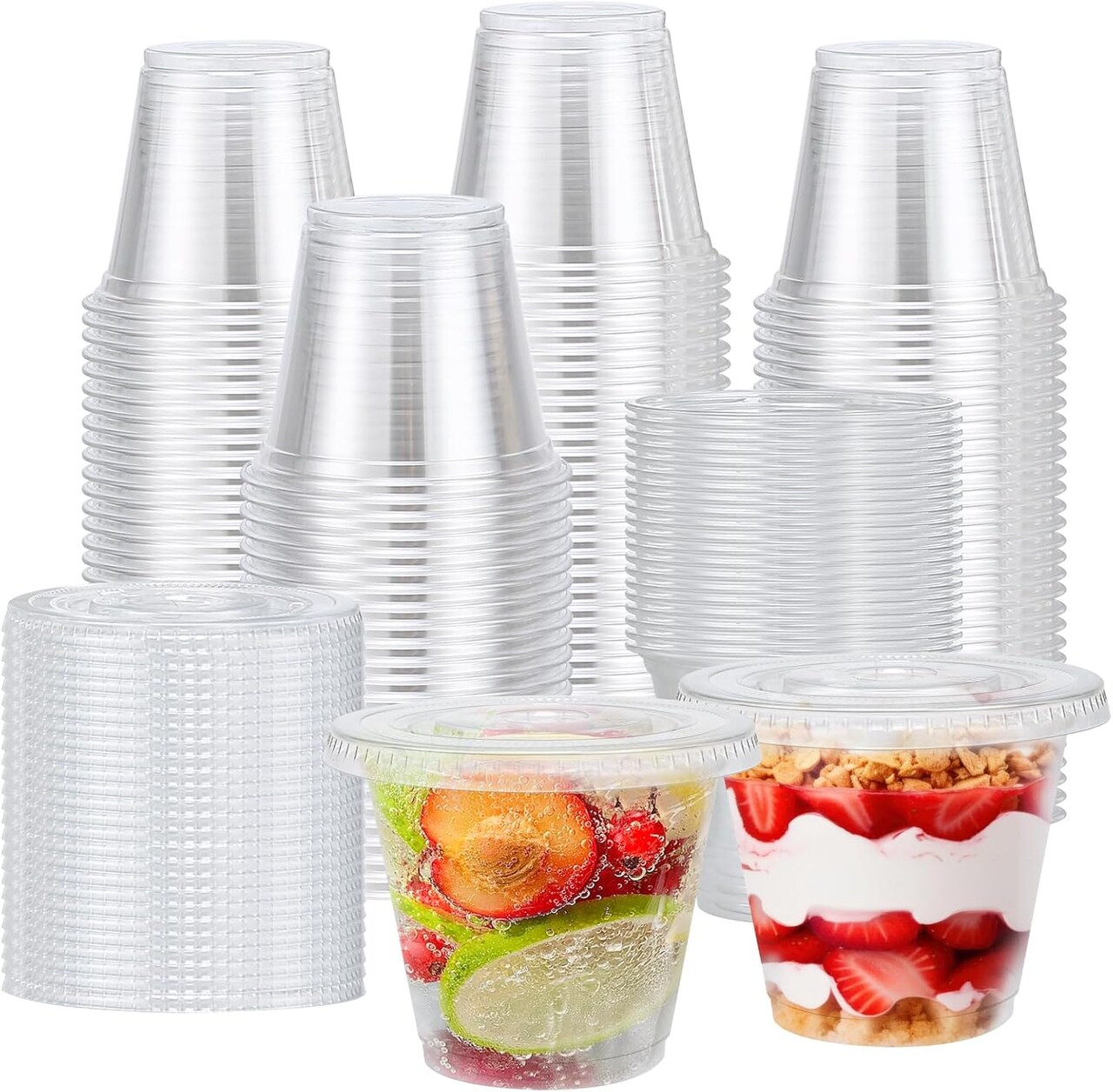 300 Packs 9 oz Clear Plastic Cups with Flat Lids, Disposable Cups with Lids, Reusable Plastic Dessert Cups for Ice Cream, Cake, Snacks, Fruit, Cold Drinks, Milkshake, Pudding, Salad